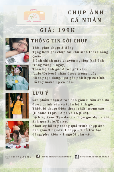 Bảng giá chụp ảnh cá nhân tại Hiệu Ảnh Ký Ức Thanh Xuân